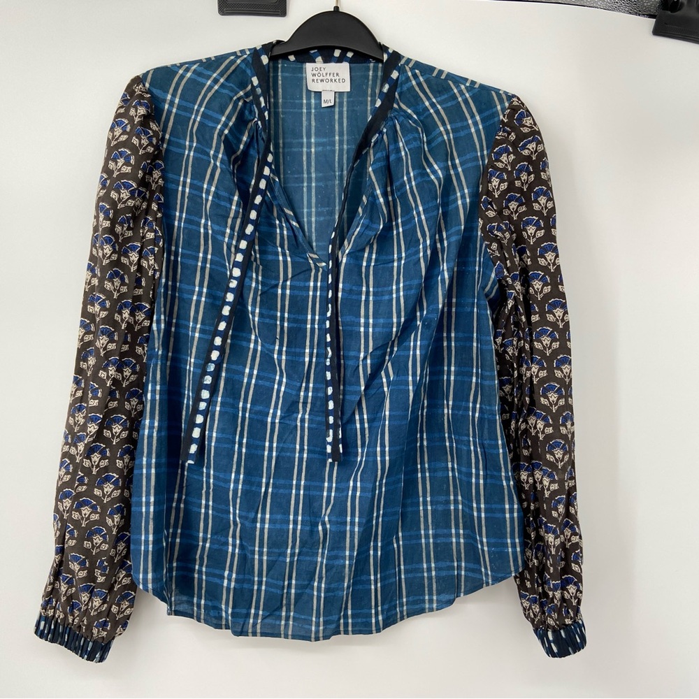 Joey Wolfer ReWorked, blouse, tunic style, tie at neck, size M/L